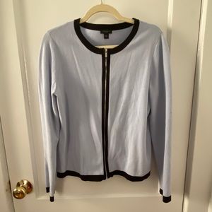 Ann Taylor Factory Zip Cardigan Blue w Black Trim